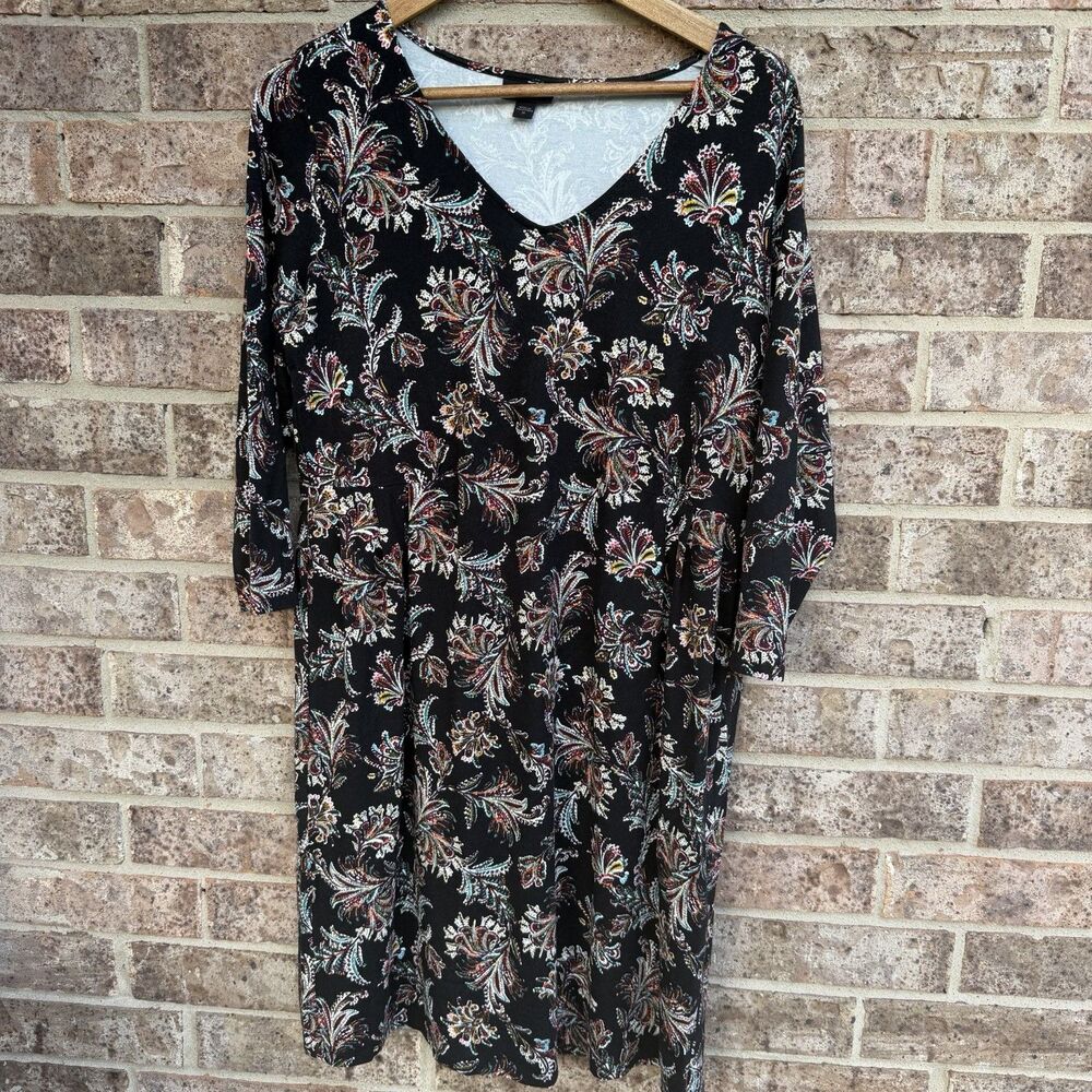 J Jill Dress Women’s Medium Black Multi Color Paisley Boho Artsy Stretch Comfy